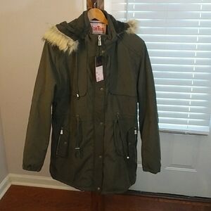HanTon Dark Olive Winter Parka Coat Jacket Detachable Hoodie Fully Line Size 2XL